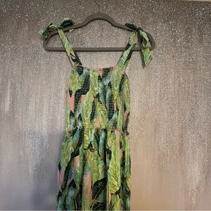 Green Pink Tropical Leaf Tie-Shoulder Maxi Dress
